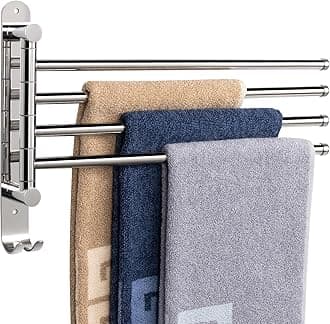 NearMoon Swivel Towel Rack, Thicken SUS304 Stainless Steel 4-Arm Towel Bar, Space Saving Wall Mounted Towel Holder with Hook, Rustproof Swing Out Towel Hanger for Bathroom, Kitchen (Chrome Finish)