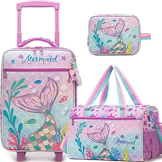 Kids Luggage Set with Wheels Girls Cute Mermaid Travel Softside Suitcases 16" Carry on Suitcase with Duffle Bag Girls Luggage Sets Airline Approved