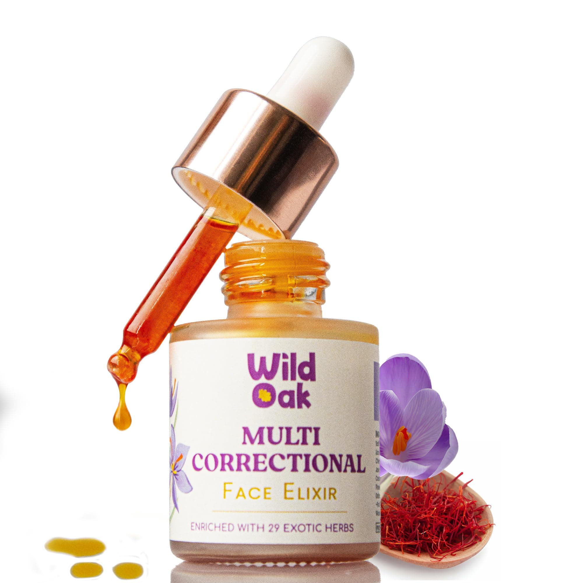 WILD OAK Organic Multi Correctional Face Elixir | Kumkumadi | Made using 3000 Years Old Formulation and 8 days process | High Potent 75g Saffron/1ltr & 30 Exotic Herbs | 0.67 fl oz