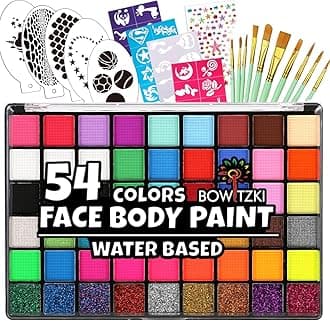 Bowitzki Face Paint Kit with 54 Colors, 8 sheets Stencils, 2 Glitters,10 Brushes, 1 Sheet Gems, Water Based Face Painting Kit, Safe Professional Halloween Party Makeup Set