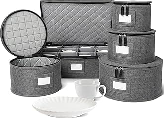 storageLAB Square Hard Shell and Stackable, Linen Storage and Transport Storage Set, Protects Dishes Cups and Mugs, Felt Plate Dividers Included, (Grey)