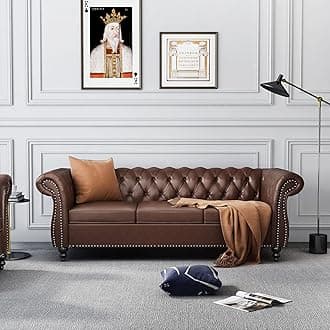 ORRD Chesterfield Sofa Leather, Modern PU Tufted Couch 3 Seater with Rolled Arms and Nailhead for Living Room, Bedroom, Office, Apartment (Dark Brown)