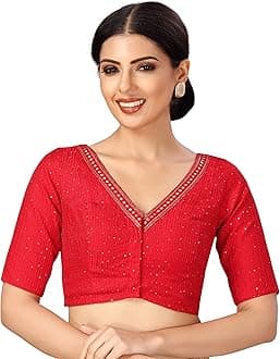 Studio Shringaar Women's Readymade Polyester Elbow Length Sleeves Saree Blouse with Mirror Work
