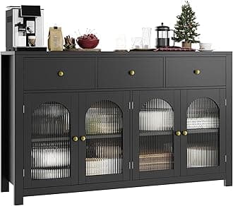 FINETONES Buffet Cabinet with Storage, 55.1" Large Sideboard Buffet Farmhouse Kitchen Cabinet with 3 Drawers and 4 Doors, Wood Coffee Bar for Kitchen, Black