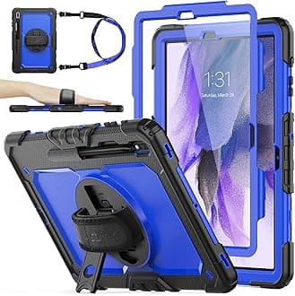 SEYMAC Stock Case Compatible with Galaxy Tab S7 FE, Full-Body &Shockproof Case with 360 Rotating Stand [Pencil Holder] Hand Strap for Tab S7 FE -T730/736B/ S7 Plus -T970/975/976 12.4 (Blue+Black)