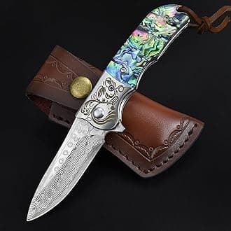 AUBEY Damascus Steel Pocket Knife with Clip, Abalone Shell Handle Folding Knife, Sharp EDC Hunting Knife with Leather Sheath for Camping Collection
