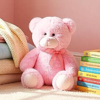 11" Pink Teddy Bear with Ribbon - Super Soft Cuddly Stuffed Animal Toy - Suitable from Birth, Nursery Decor Gift for Newborn Baby Girls & Boys, Valentine's Day, Christening