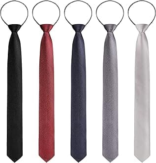 5 Pieces Pre Tied Adjustable Men's Neckties Zipper Ties for Men Solid Color Skinny Necktie Thin Clip on Slim Tie, Black, Navy, Gray, Silver Gray, Dark Red