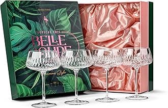 Vintage Flamingo Belle Coupe Glasses for Cocktails and Champagne | Set of 4 | 12 oz Crystal Retro Style Stemmed Saucers for Elegant Bar Drinks | Tropical Glassware Collection