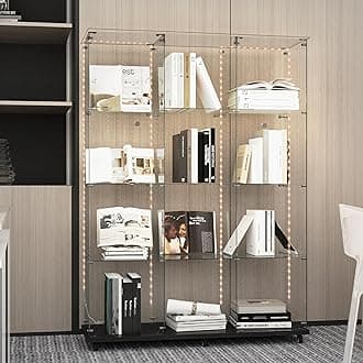 Modern Glass Display Cabinet 12-Shelf with LED Light,Lock and Wheels, 2 Door Curio Cabinets,Tempered Glass Collection Display Showcase for Living Room Home Office,46.8x13.5x64.8 H,Black