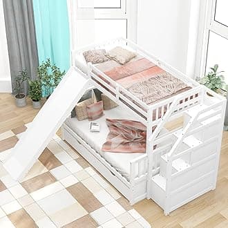 Merax Multifunction Wooden Twin Over Full Bunk Bed with 2 Storage Drawers,Twin-Over-Full Stairway Bunk Bed with Slide,Ladder and Full-Length Guardrail,No Box Spring Needed(White)