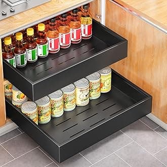 SAYZH Pull Out Cabinet Organizer, Slide Out Drawer Storage Shelves for Kitchen Cupboard, Roll-Out Extendable Sliding Drawer, (43 CM Depth x 40 CM Width x 9CM Height)，No Need Drill and Nailing (Black)