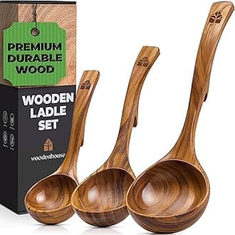 Wooden Ladle for Soup, 3 Size Teak Wood Ladle Spoon with Back Hooks for Pot & Bowl, Non-Stick Wooden Spoon Set for Cooking, Serving and Stirring