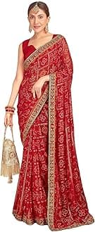 SIRIL Women's Georgette Bandhani Printed Sequence Embroidery Lace Saree With Unstitched Blouse Piece