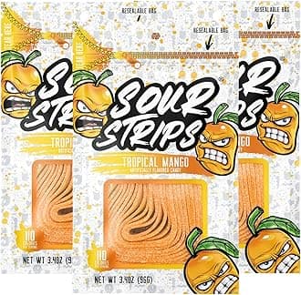 Sour Candy Belts, Mango, Resealable Candy Bags, 3.4 Ounce (Pack of 3)