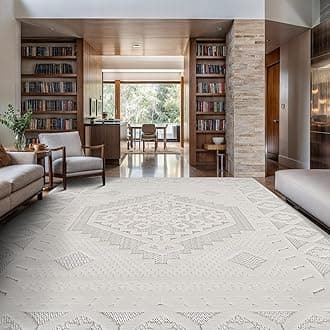 Modern Micro Loop Indoor Area Rugs for Living Room Bedroom Kitchen Geometric Trellis White 6x9 Luxury Durable Low and High Pile Non-Shedding Stain Resistant Soft Area Carpet 6 x 9