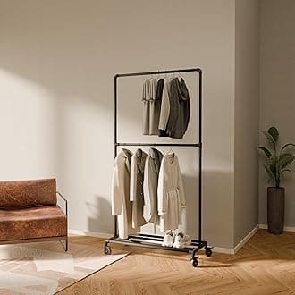 pamo Industrial Pipe Clothing Rack - 130 lbs Capacity - Portable & Free Standing Clothes Rack with Wheels, Walk In Closet for Wardrobe