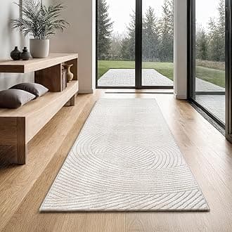 the carpet Everest, Modern Short Pile Rug, Living Room, Bedroom, with High-Low Effect, 3D Effect, High Pile Density and Pleasantly Soft, Lines, Op-Art, Cream, 80 x 300 cm