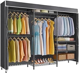 V5C Plus Covered Clothes Rack Portable Wardrobe Closet, Heavy Duty Clothes Rack with Adjustable Shelves, Black Metal Clothing Rack with Black Upgarded Polyester Cover, Max Load 1040LBS