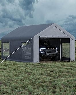 GarveeLife 13x20 ft Carport with 8 Sandbags, Car Port with 220 g PE Tarp, 2 Roll-Up Doors, and 4 Windows, for Full-Size Pickups, Bass Boats, Tractors, and SUVs, Gray