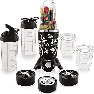 Cookwell 600W Bullet Mixer Grinder| Copper Motor, 5 Jars & 3 Blades (BLACK) – 1-Year Warranty