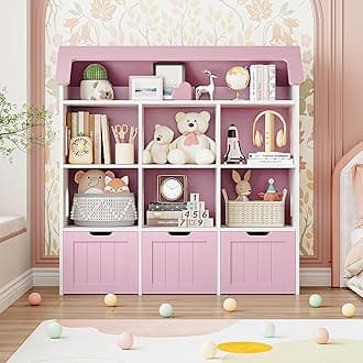 FOTOSOK 47.2'' Toy Storage Organizer, Toy Organizers and Storage with 3 Movable Drawers and 6 Storage Cubbies, Kids Bookshelf Playroom Organization for Playroom Bedroom, Pink