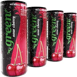 Green Sour Cherry - Low Calorie Soft Drinks - Sparkling Cherry Flavour with 10% Natural Juice - No Added Sugar, Sweetened with Stevia, No Aspartame - Alternative Fizzy Drink - Pack of 4 Cans x 330ml