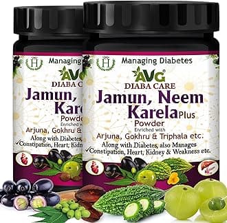 AVG Health Organics Diabetes Care Jamun, Neem & Karela Plus Powder 200gm Each (Pack of 2) with Arjuna, Gokhru & Triphala for Diabetes and Associated Problems like Constipation, Heart, Kidney Problem &