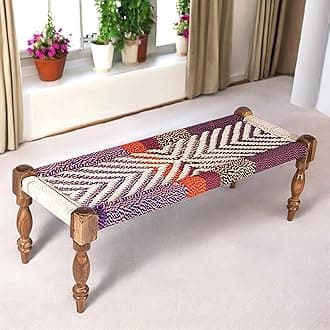 Ikiriya Hamilton Sheesham Wood Vintage 3 Seater Maachi Bench/Charpai/Khatiya/Rajasthani Traditional Settees/Recamiers in Multi Colour Chindi & White Rope Canning for Living Room | Bedroom Home