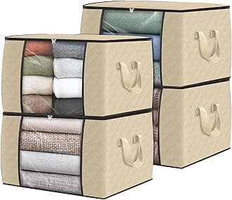 Fab totes 4 Pack Clothes Storage, Foldable Thick Fabric Blanket Storage Bags, Containers for Organizing Bedroom, Closet, Clothing, Comforter,Organization with Handle,Beige