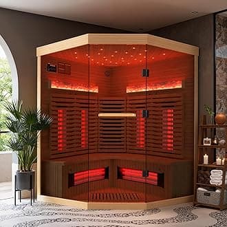 3-4 Person Corner Infrared Sauna- Luxury Home Sauna Spa Room with Himalayan Salt Therapy, Canadian Hemlock&Panoramic Tempered Glass,220V