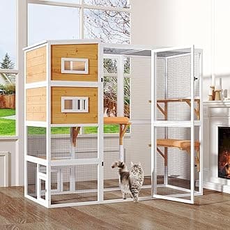 Large Indoor Cat Catio, 4 Tier Outdoor Cat Enclosures House for Cats with Waterroof Roof, 3 Resting Rooms, 3 Platforms, Cats Catio Connect to Window with 2 Large Door, Feral Pet Shelter, White
