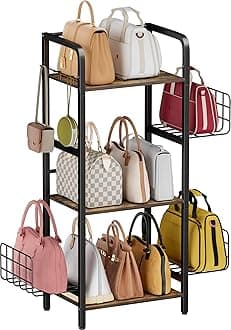 3-Tier Purse Organizer Rack, Iron & Wood Floor-Standing Bag Storage Holder with Adjustable Side Basket and Hook Handbag Organizers Display Stand Shelf for Closet, Bedroom, Entryway, Black