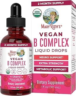 MaryRuth Organics Methyl B12 Folate Biotin Niacin Vegan Vitamin B Complex Sublingual Liquid for Hair Skin Nails Energy (Tart Cherry, Glass 1oz)