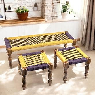 Ikiriya Sheesham Wood Maachi Bench Set with 2 Stools for Home Living Room and Outdoor -(Vivid Purple & Yellow Canning)