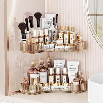 Asayuee 2-Tier Corner Bathroom Counter Organizer with Top Toothbrush Holders,Large Makeup Organizer Countertop with Brush Holder,Skincare Organizers Corner,Exquisite Vanity Organizer (Gold, 2 Tier)