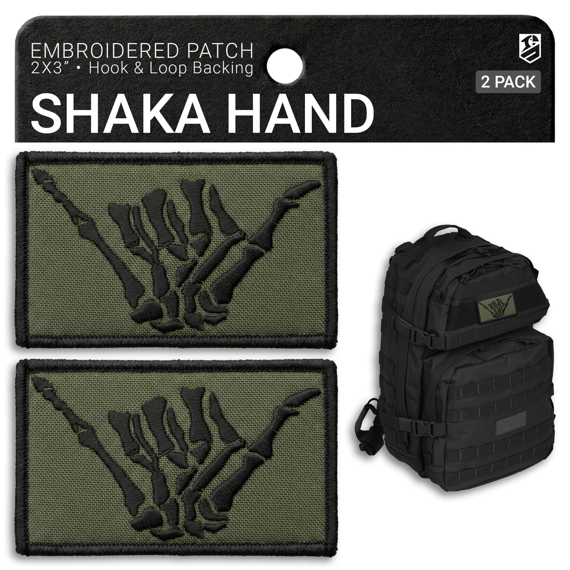 2-Pack Olive Green Shaka Hand Patch Hook & Loop Embroidered Skeleton Hand Shaka Tactical Patches for Military Backpack Tactical Vest Military Helmet Dog Vest Harness Surf Aloha Patch
