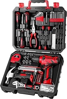 DEKOPRO - 8V Red Cordless Drill Tool Set, Home Tool Kit with Drill, Hand Tool Kits for Women, 126 Pieces