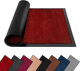 Washable Dirt Trapper Door Mats Indoor & Outdoor, Heavy Duty Non Slip Doormats, Rubber Backed Floor Mat, Super Absorbent Front Door Mat, Entrance Rug (Red-Plain, 60cm x 120cm)