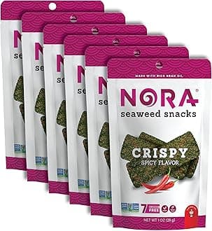 Crispy Spicy Seaweed Snacks by Nora, Thick Nori Sheets Snack Strips, Low-Carb Healthy Snacks for Adults, Asian Snacks, Vegan, Gluten-Free, Non-GMO, 6-Pack