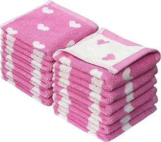 ORIGINAL KIDS Wash Cloth - Bath Time Hearts 12 Pack Washcloth Set - 100% Cotton Jacquard Colorful Absorbent Quick Dry Face Towel - Super Soft Face Cloth 12x12 inches - Pink White