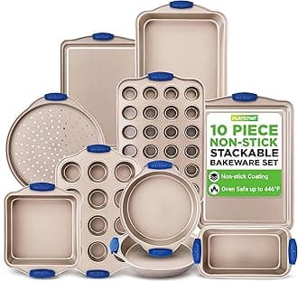 10-Piece Nonstick Bakeware Set - Premium Carbon Steel Baking Trays w/Heatsafe Silicone Handles, Includes Pizza Crisper, Loaf Pan, 12 & 24 Cup Muffin Pans, Round/Square Pans, Cookie Sheets