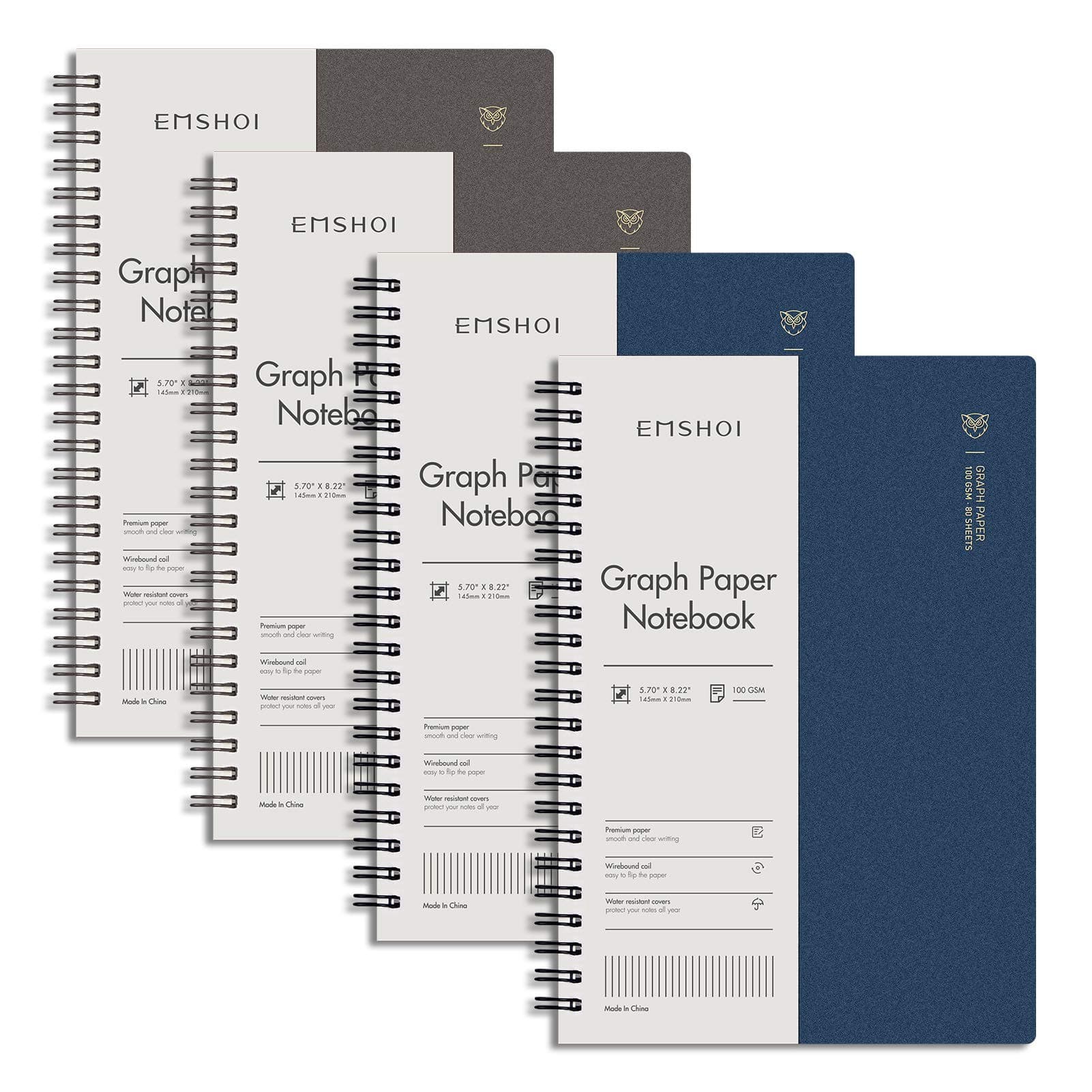 EMSHOI Graph Spiral Notebook 4 Pack, A5 Graph Paper Notebook/Journal, Waterproof PVC Cover, 100GSM Thick Paper, with Free Sticky Notes, 80 Sheets/160 Pages Per Book, 5.7" x 8.22", Coffee Blue