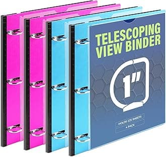 WOT I 1 Inch Telescoping 3 Ring Binder 4 Pack, Expandable Flexible Binder with Customizable Front Cover & Clear Catalog Pocket, Holds 225 Sheets, School Office Supplies, Blue+Pink