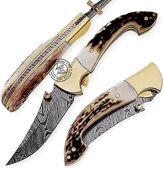 Beautiful Stag Horn 7.25" Damascus Steel Folding Pocket Knife with Brass Bolster, 100% Prime Quality