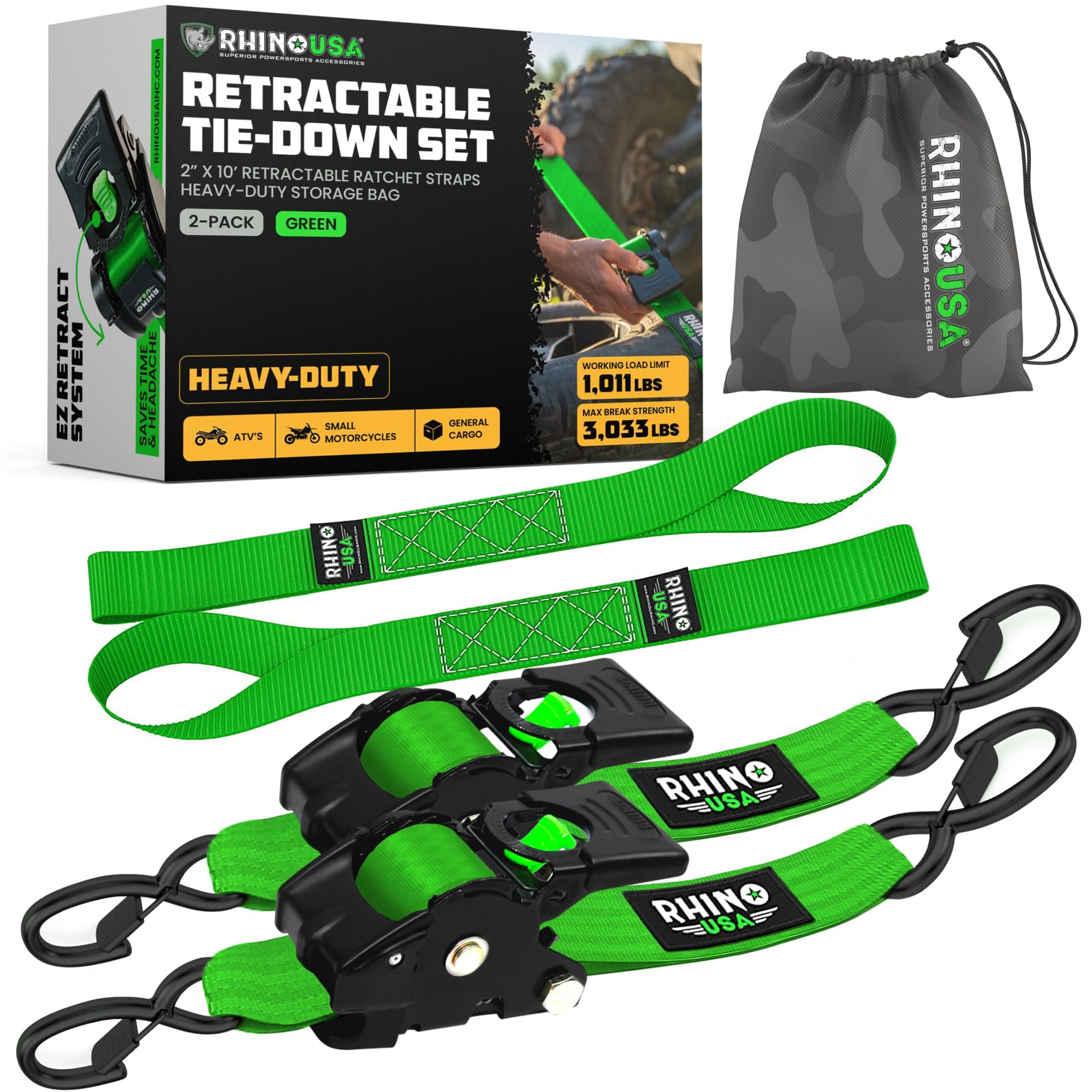 Retractable Ratchet Tie Down Straps (2-Pack) - 1360kg Guarantee Maximum Breaking Strength Includes (2) Ultimate 5cm x 3m Automatic Retractable Straps with Padded Handles - Green