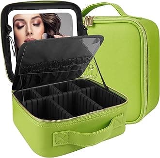 MOMIRA Travel Makeup Bag Cosmetic Bag Makeup Organizer Bag with Lighted Mirror, Adjustable Brightness in 3 Color Scenarios, Waterproof Makeup Train Case, Gift for Women - Grass Green