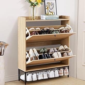 LEVNARY Shoe Storage Cabinet with 2 Flip Drawers, Wooden Narrow Shoe Cabinet Storage for Entryway, Freestanding Shoe Rack Organizer Cabinet with Metal Legs for Hallway (1, Natural Oak)