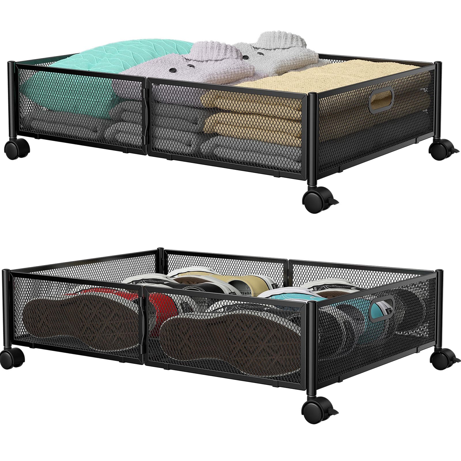 PHINOX Under Bed Storage with wheels, Under the Bed Storage Containers,Upgrade Crossed Iron Wire, Metal Rolling Underbed Storage Containers for Bedroom Clothes Shoes Blankets-2 Pack,Black