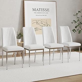 Modern Dining Chairs Set for 4, Kitchen Dining Room Chair PU Leather Upholstered Seat High Back & Sturdy Chrome Silver Legs, Sillas De Comedor Chair for Dining Room, Kitchen (White, Set of 4)